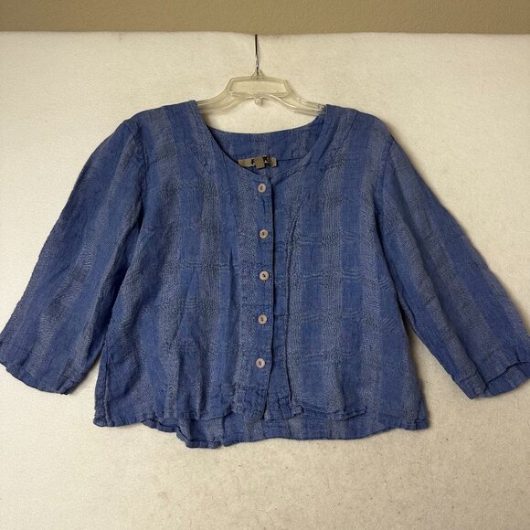 Flax Tops - FLAX shirt top sz M linen blue striped cropped button up lagenlook coastal